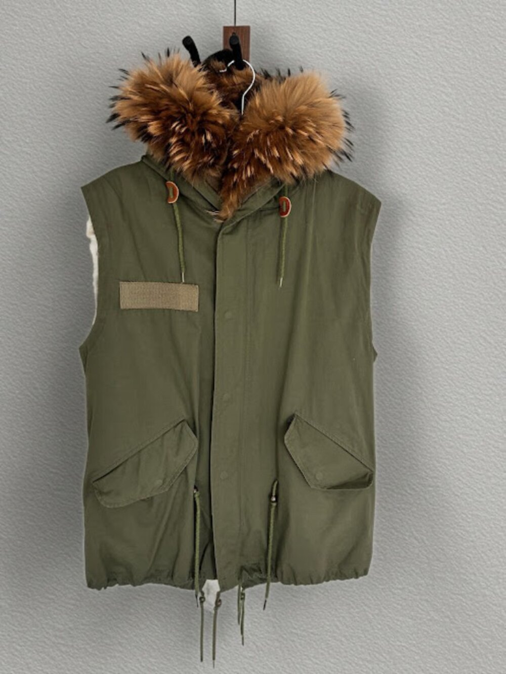 Olive M-65 Inspired Hooded Fur-Trim Utility Vest Size L